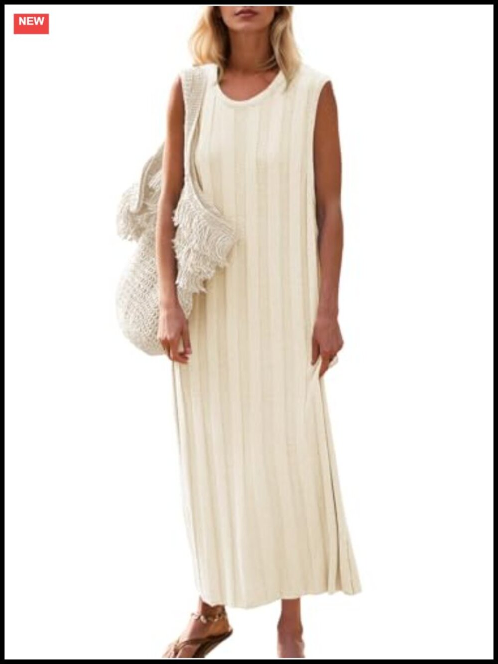 Sleeveless Ribbed Knit Tank Dress Scoop Neck Loose Fit Casual